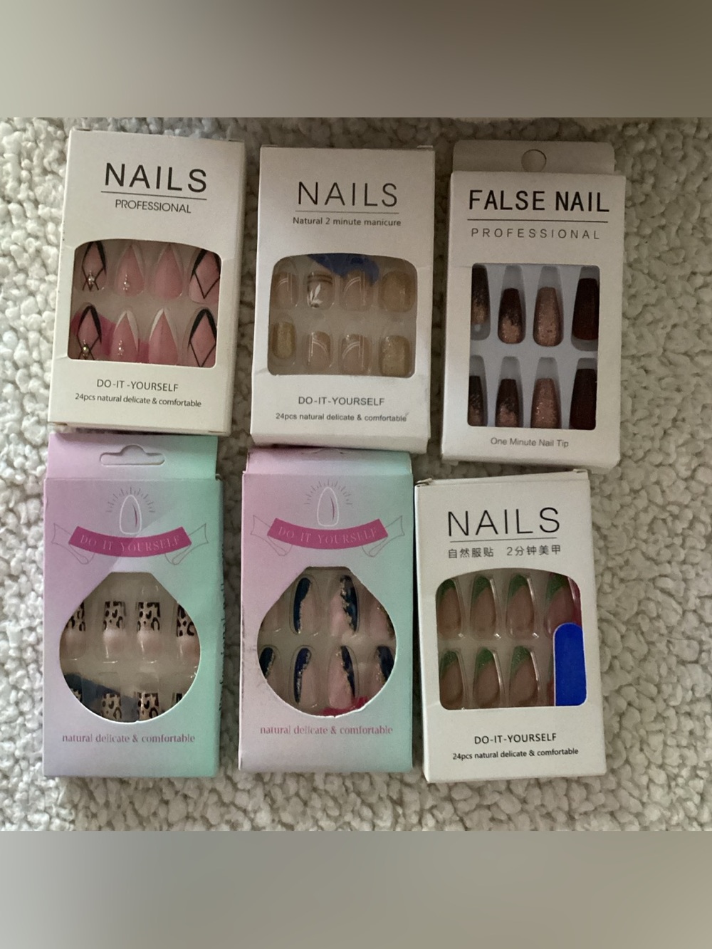 Six packs Assorted Press-On Nail Sets — Pink, Nude, Brown, Green, Blue Accents